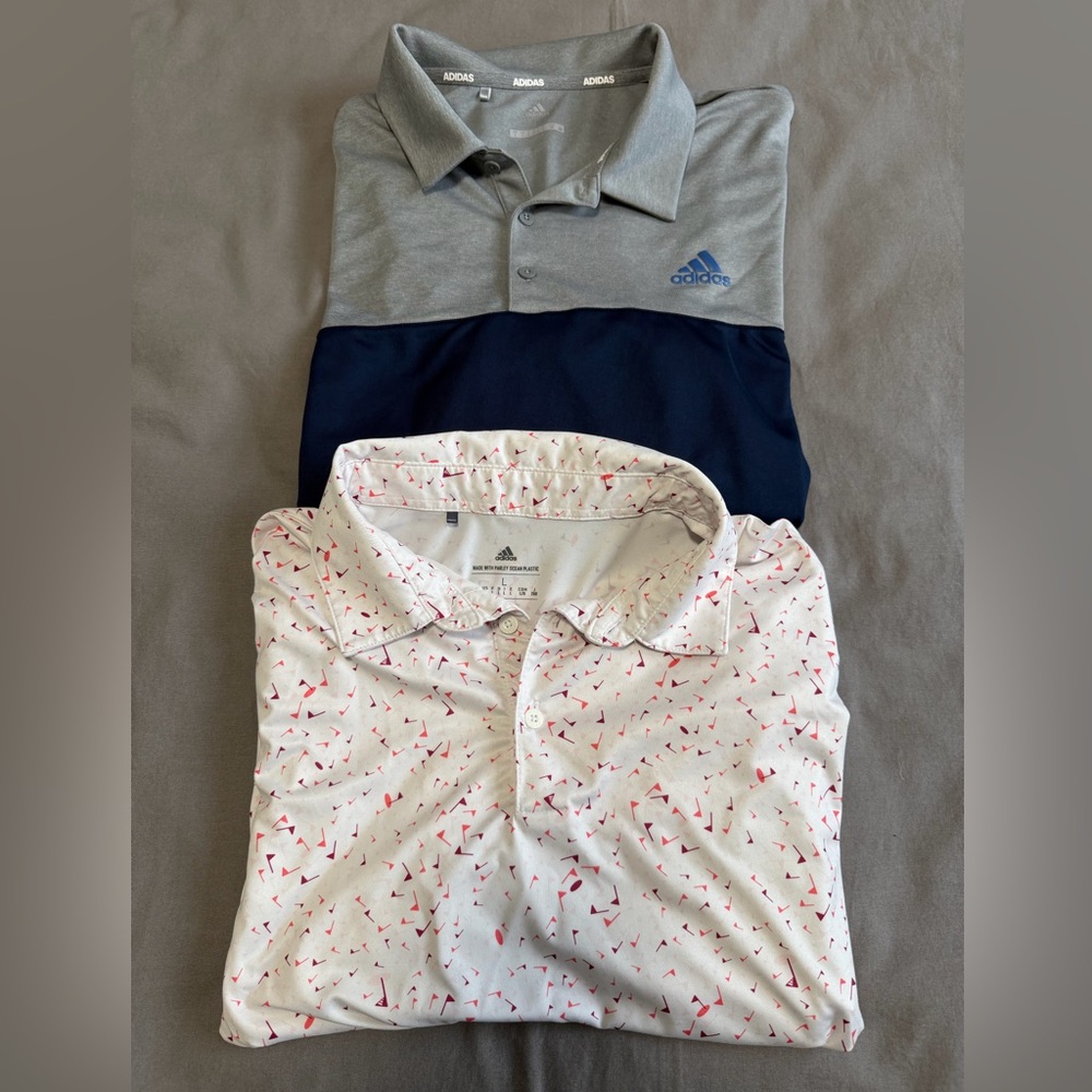 Lot Of 2 Adidas Golf Polo Shirts Men’s Size Large Blue/Gray & Holes & Flags